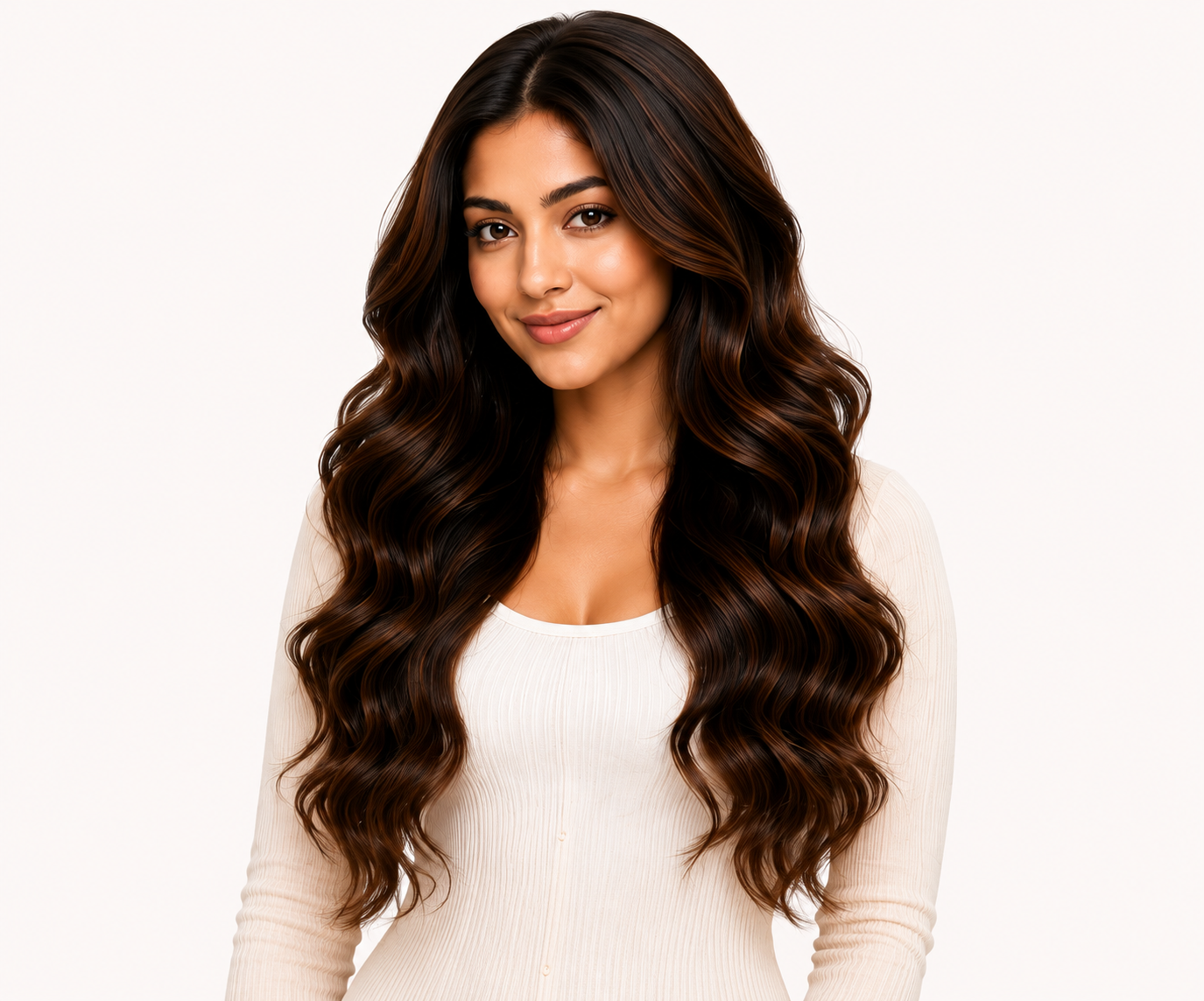 Woman with long, voluminous HairClipOns hair extensions