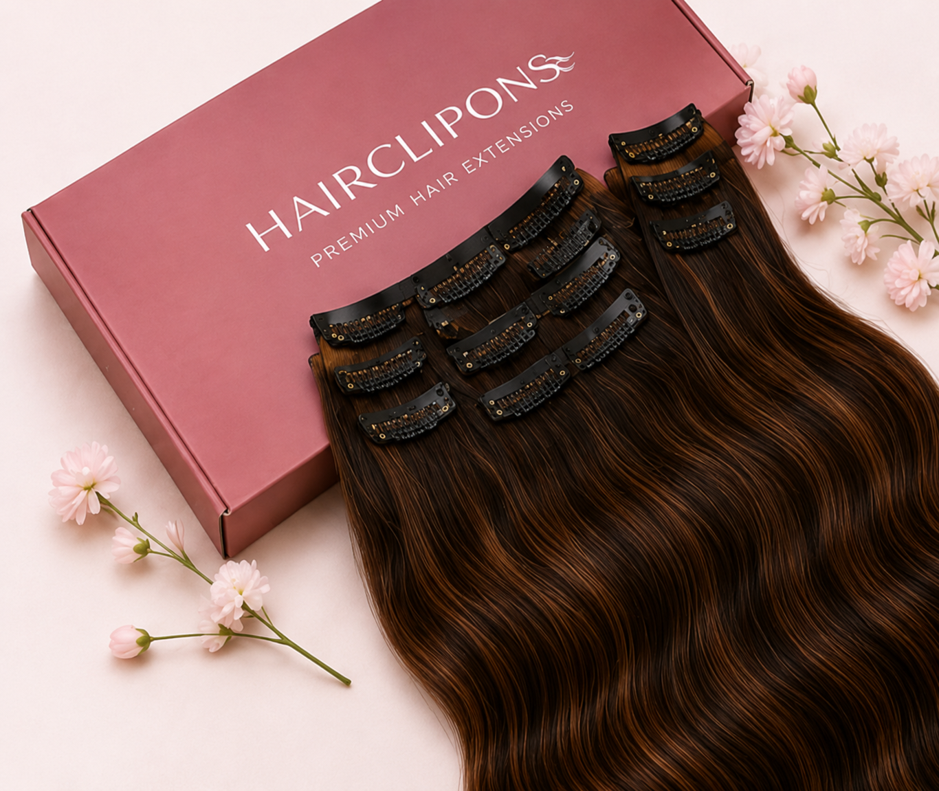 HairClipOns premium clip-in hair extensions in branded packaging